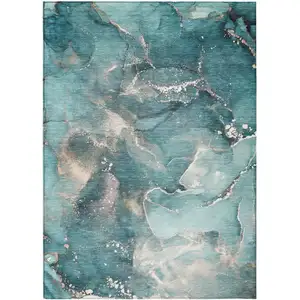 Photo of 3' X 5' Teal Abstract Washable Non Skid Indoor Outdoor Area Rug