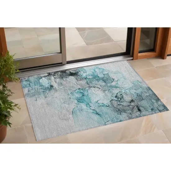 3' X 4' Teal Abstract Washable Non Skid Indoor Outdoor Area Rug Photo 1