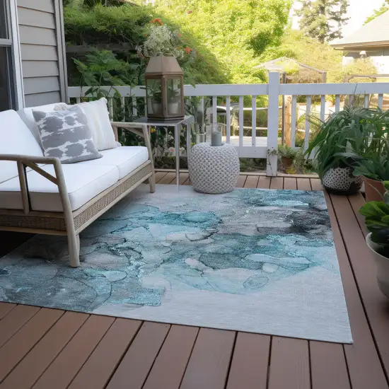 3' X 4' Teal Abstract Washable Non Skid Indoor Outdoor Area Rug Photo 6