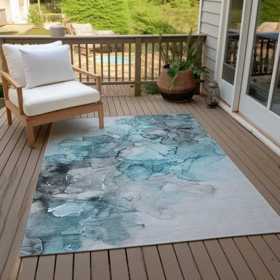 3' X 4' Teal Abstract Washable Non Skid Indoor Outdoor Area Rug Photo 9