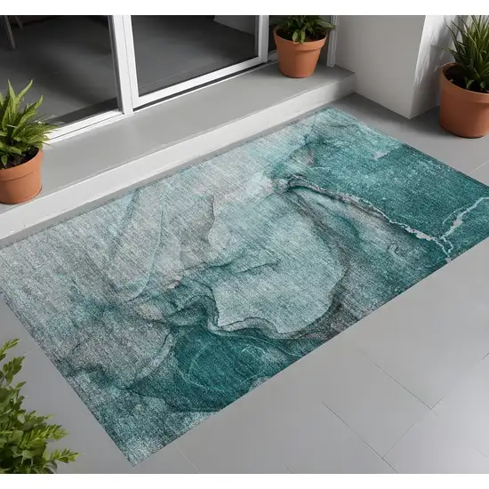 3' X 4' Teal Abstract Washable Non Skid Indoor Outdoor Area Rug Photo 1