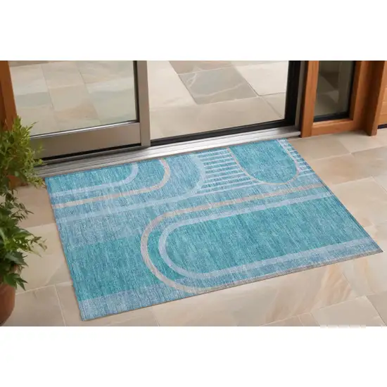 3' X 4' Teal Abstract Washable Non Skid Indoor Outdoor Area Rug Photo 1