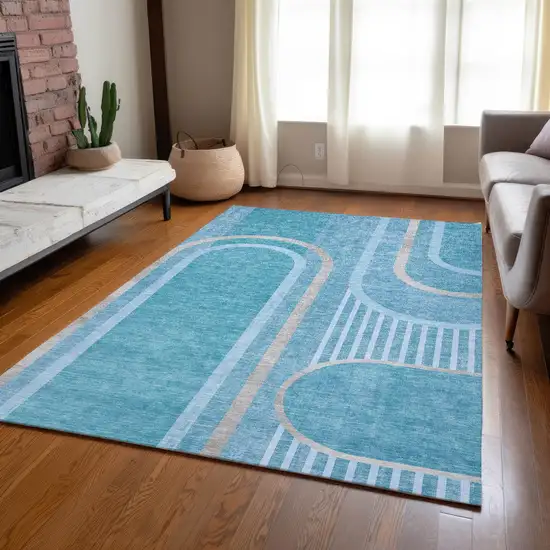 3' X 4' Teal Abstract Washable Non Skid Indoor Outdoor Area Rug Photo 8