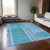 Photo of 3' X 4' Teal Abstract Washable Non Skid Indoor Outdoor Area Rug