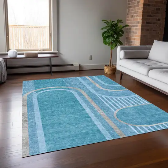 3' X 4' Teal Abstract Washable Non Skid Indoor Outdoor Area Rug Photo 7