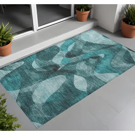 3' X 4' Teal Abstract Washable Non Skid Indoor Outdoor Area Rug Photo 1