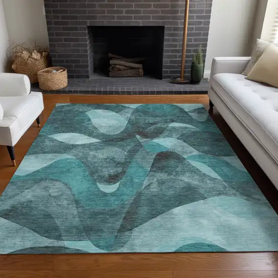 3' X 5' Teal Abstract Washable Non Skid Indoor Outdoor Area Rug Photo 9