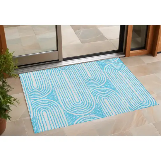 3' X 4' Teal Abstract Washable Non Skid Indoor Outdoor Area Rug Photo 1