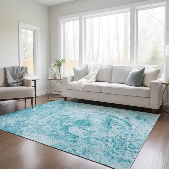 Teal Abstract Washable Non Skid Indoor Outdoor Area Rug Photo 9