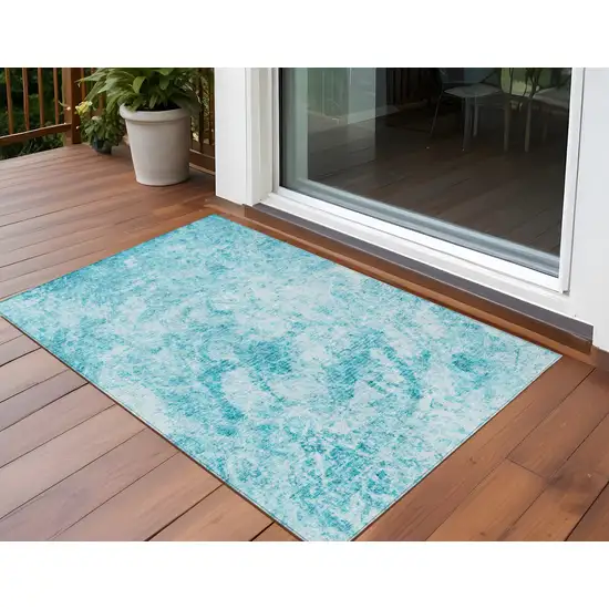 Teal Abstract Washable Non Skid Indoor Outdoor Area Rug Photo 1