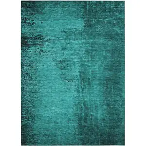 Photo of 3' X 5' Teal Abstract Washable Non Skid Indoor Outdoor Area Rug