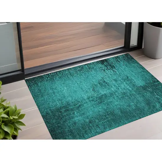 3' X 5' Teal Abstract Washable Non Skid Indoor Outdoor Area Rug Photo 1