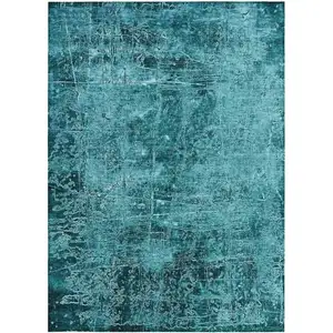 Photo of 3' X 4' Teal Abstract Washable Non Skid Indoor Outdoor Area Rug