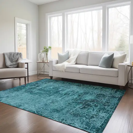 3' X 4' Teal Abstract Washable Non Skid Indoor Outdoor Area Rug Photo 9