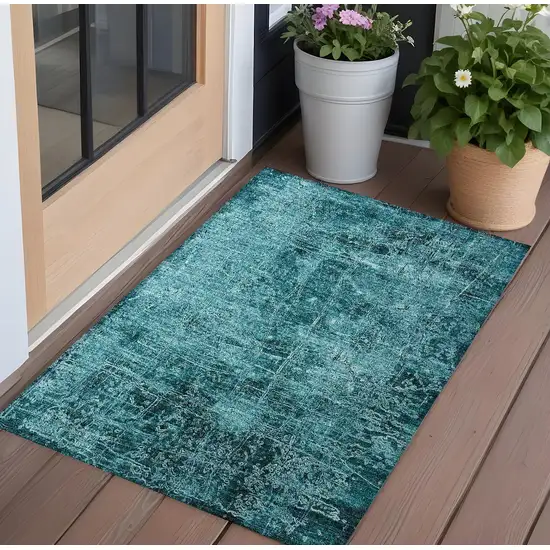 3' X 5' Teal Abstract Washable Non Skid Indoor Outdoor Area Rug Photo 1