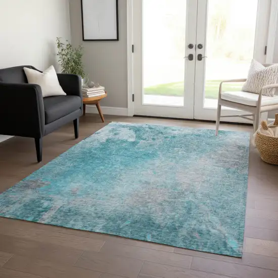 3' X 4' Teal Abstract Washable Non Skid Indoor Outdoor Area Rug Photo 9