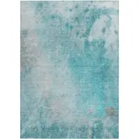 Photo of 3' X 5' Teal Abstract Washable Non Skid Indoor Outdoor Area Rug