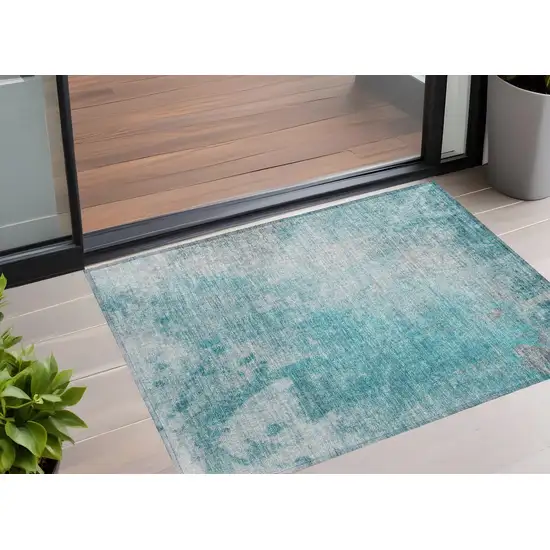 Teal Abstract Washable Non Skid Indoor Outdoor Area Rug Photo 1