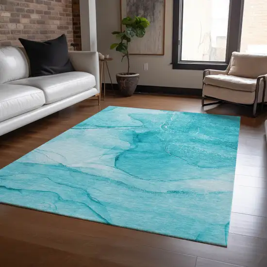 Teal Abstract Washable Non Skid Indoor Outdoor Area Rug Photo 9