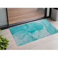 Photo of 3' X 4' Teal Abstract Washable Non Skid Indoor Outdoor Area Rug