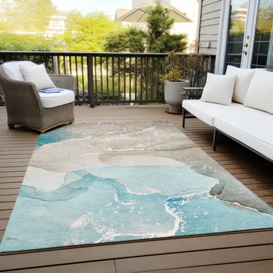 3' X 4' Teal Abstract Washable Non Skid Indoor Outdoor Area Rug Photo 9