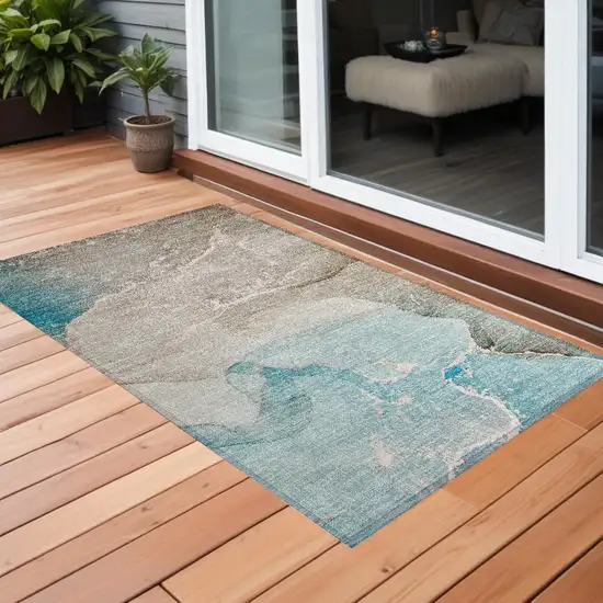 3' X 4' Teal Abstract Washable Non Skid Indoor Outdoor Area Rug Photo 1