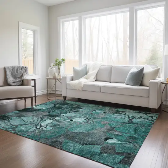 3' X 4' Teal Black and Gray Floral Washable Non Skid Indoor Outdoor Area Rug Photo 7