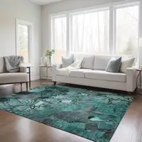 Photo of 3' X 4' Teal Black and Gray Floral Washable Non Skid Indoor Outdoor Area Rug