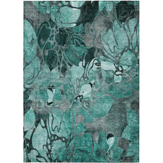 Teal Black and Gray Abstract Washable Indoor Outdoor Area Rug Photo 5