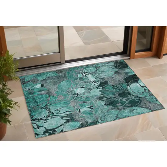 3' X 4' Teal Black and Gray Abstract Washable Indoor Outdoor Area Rug Photo 1