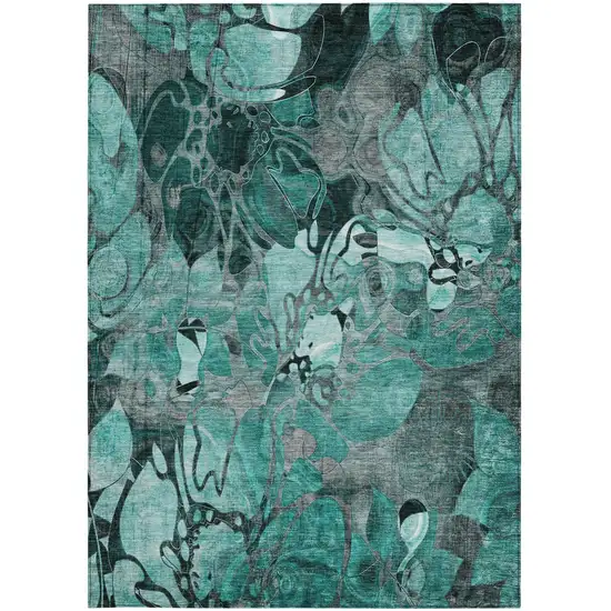 Teal Black and Gray Abstract Washable Indoor Outdoor Area Rug Photo 4