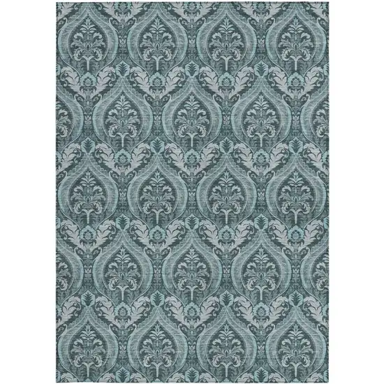 3' X 4' Teal Damask Washable Non Skid Indoor Outdoor Area Rug Photo 5