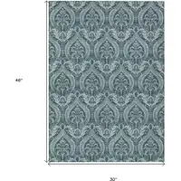 Photo of 3' X 4' Teal Damask Washable Non Skid Indoor Outdoor Area Rug