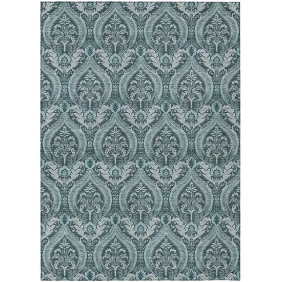 3' X 4' Teal Damask Washable Non Skid Indoor Outdoor Area Rug Photo 2