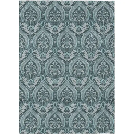 3' X 4' Teal Damask Washable Non Skid Indoor Outdoor Area Rug Photo 2