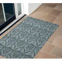 Photo of 3' X 4' Teal Damask Washable Non Skid Indoor Outdoor Area Rug