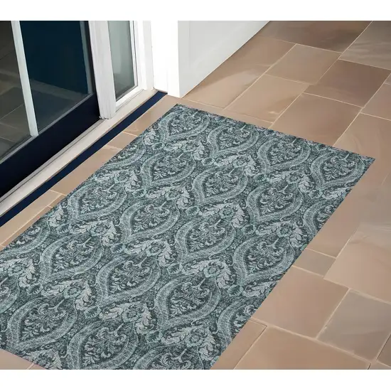 3' X 4' Teal Damask Washable Non Skid Indoor Outdoor Area Rug Photo 1