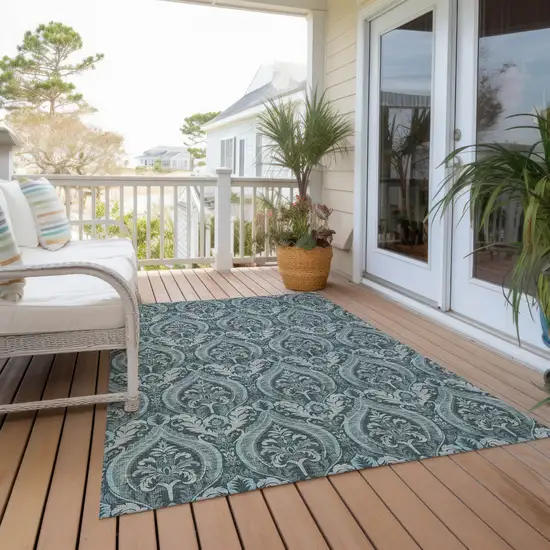 3' X 4' Teal Damask Washable Non Skid Indoor Outdoor Area Rug Photo 8