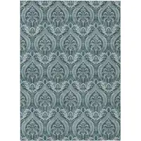 Photo of 3' X 5' Teal Damask Washable Non Skid Indoor Outdoor Area Rug