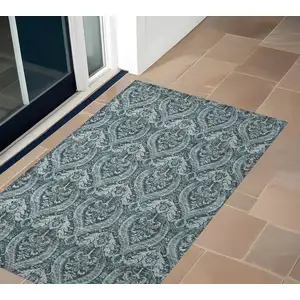 Photo of 3' X 5' Teal Damask Washable Non Skid Indoor Outdoor Area Rug