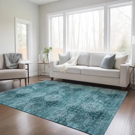 3' X 4' Teal Floral Medallion Washable Non Skid Indoor Outdoor Area Rug Photo 9