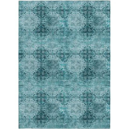 3' X 4' Teal Floral Medallion Washable Non Skid Indoor Outdoor Area Rug Photo 5