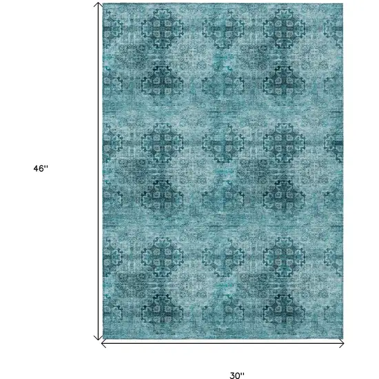 3' X 4' Teal Floral Medallion Washable Non Skid Indoor Outdoor Area Rug Photo 3