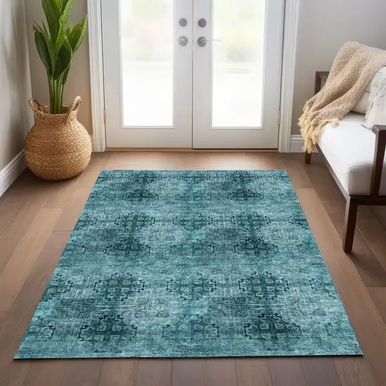 3' X 5' Teal Floral Medallion Washable Non Skid Indoor Outdoor Area Rug Photo 8