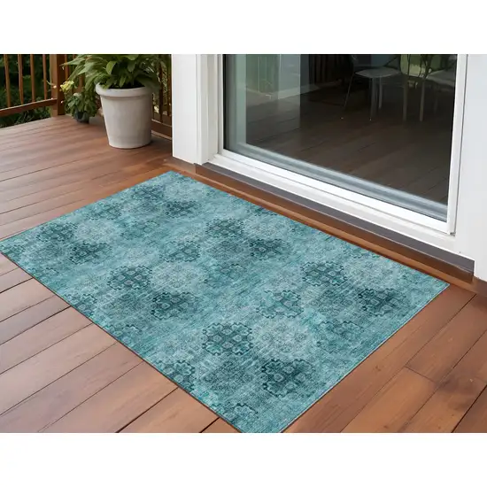 Teal Floral Medallion Washable Non Skid Indoor Outdoor Area Rug Photo 1