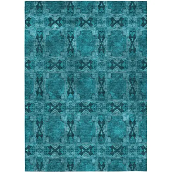 3' X 4' Teal Floral Medallion Washable Non Skid Indoor Outdoor Area Rug Photo 2