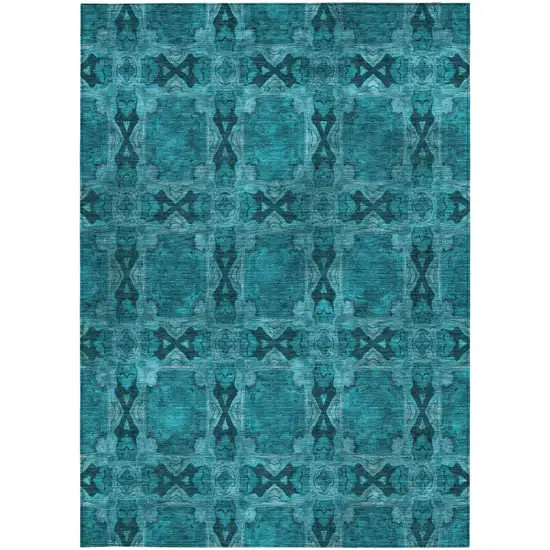 3' X 4' Teal Floral Medallion Washable Non Skid Indoor Outdoor Area Rug Photo 4