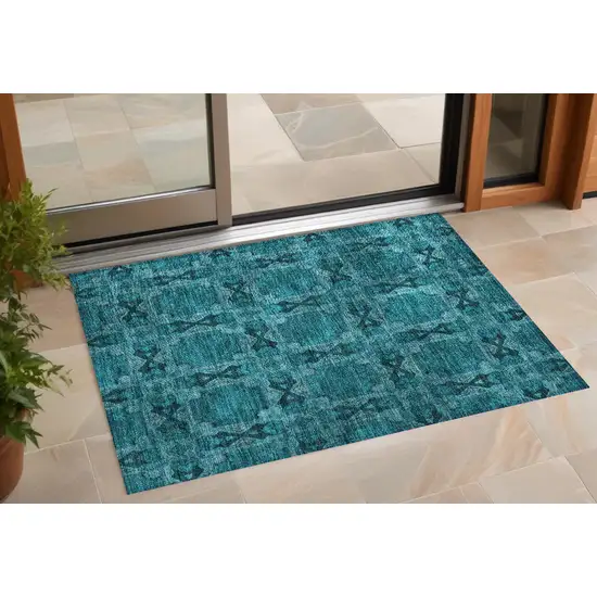 3' X 4' Teal Floral Medallion Washable Non Skid Indoor Outdoor Area Rug Photo 1