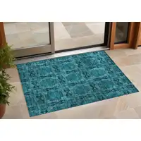 Photo of 3' X 4' Teal Floral Medallion Washable Non Skid Indoor Outdoor Area Rug