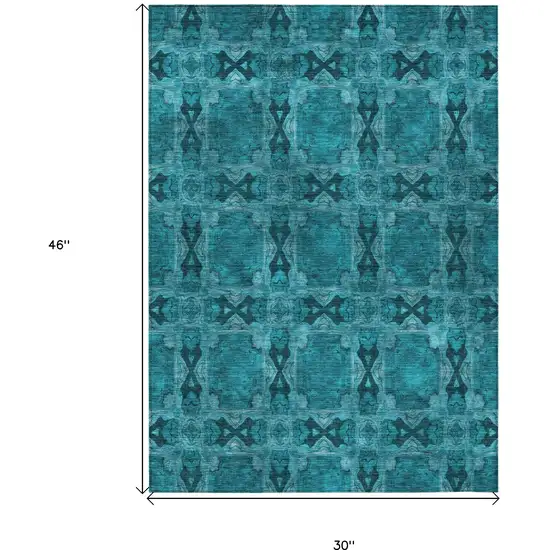 3' X 4' Teal Floral Medallion Washable Non Skid Indoor Outdoor Area Rug Photo 3